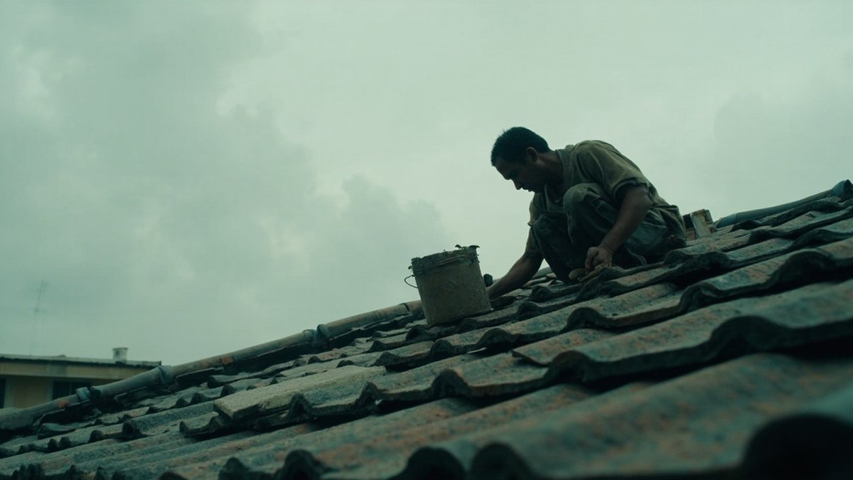 Roofer replacing cracked concrete roof tiles near the ridge of a terrace house