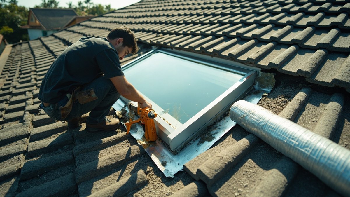 Roofer sealing the flashing around a new glass skylight on a tiled roof
