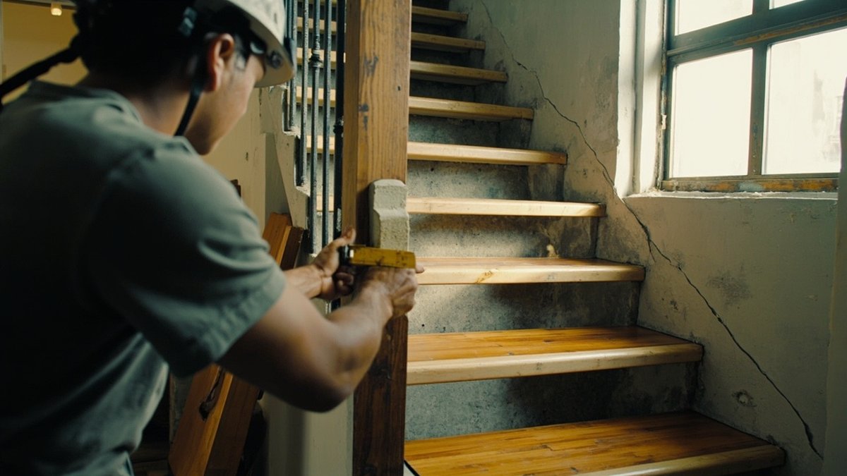 Carpenter fitting new timber treads to a terrace house staircase during renovation