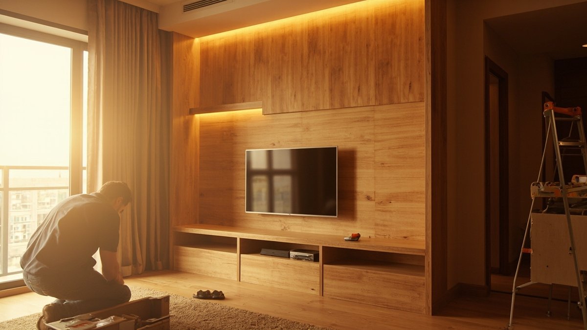 Carpenter building a laminated TV feature wall with base cabinets in a condo living room