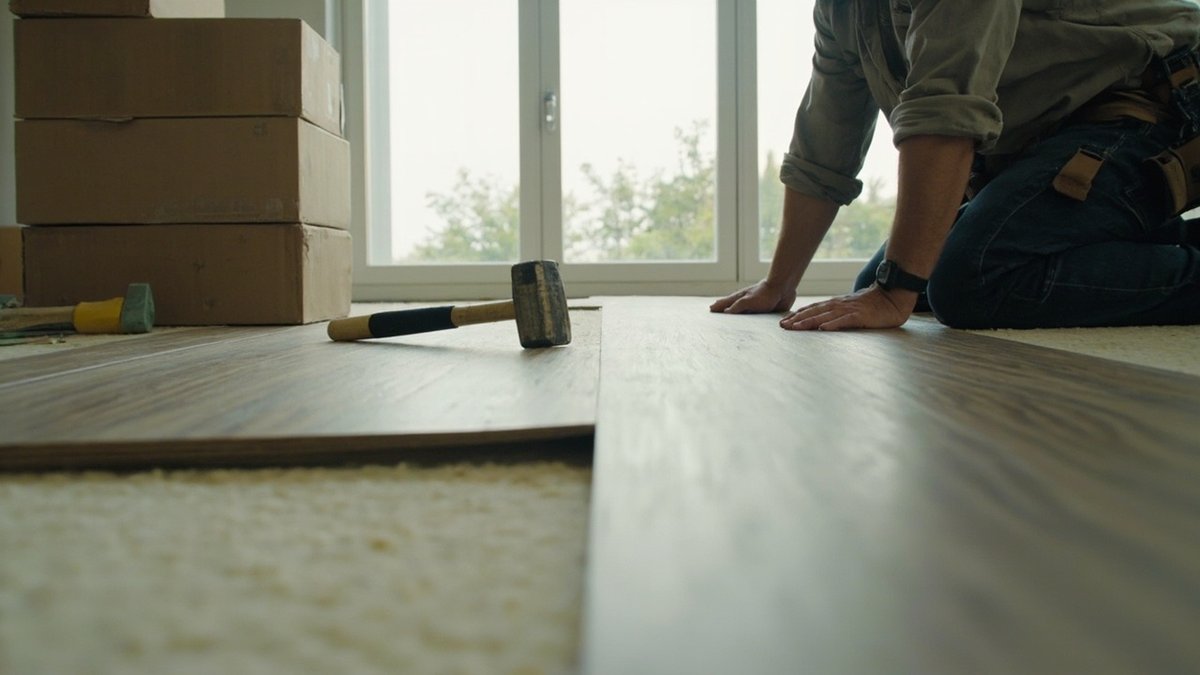Installer clicking SPC flooring planks into place in a condominium bedroom