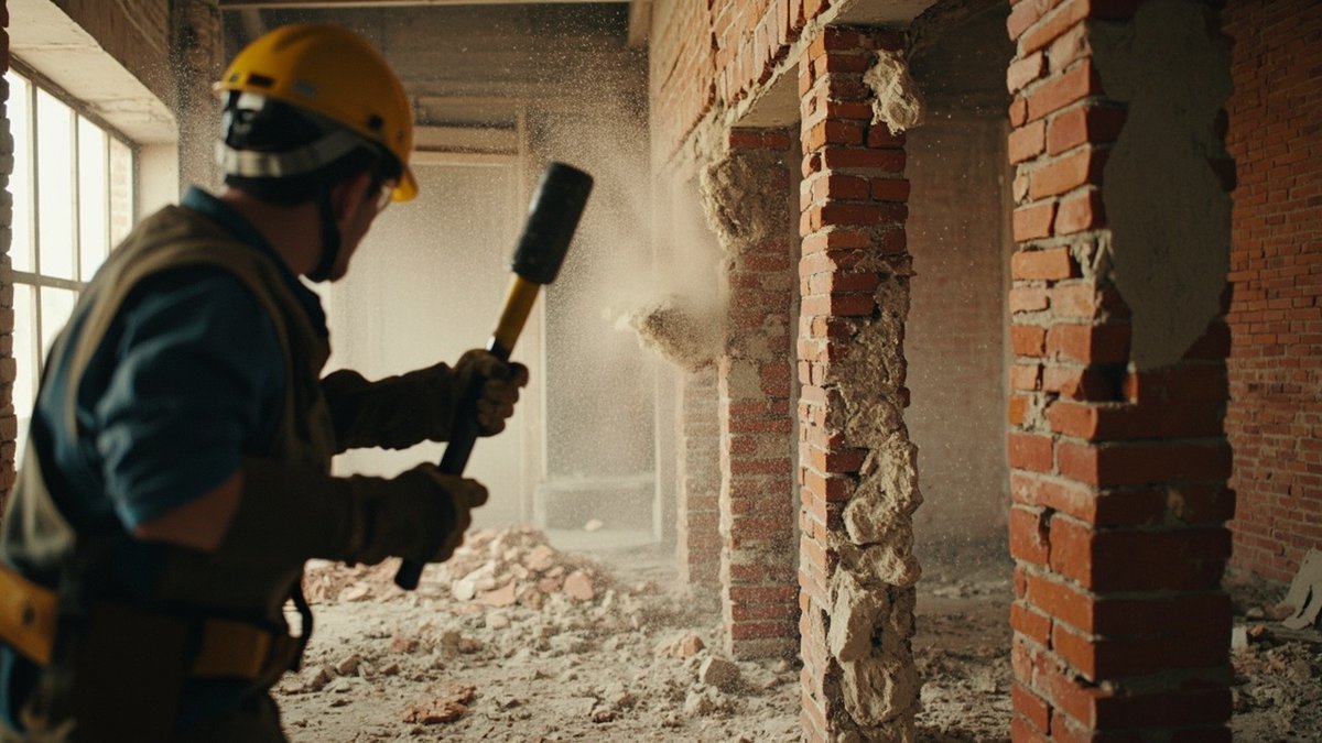 Worker hacking a brick partition wall with a demolition hammer