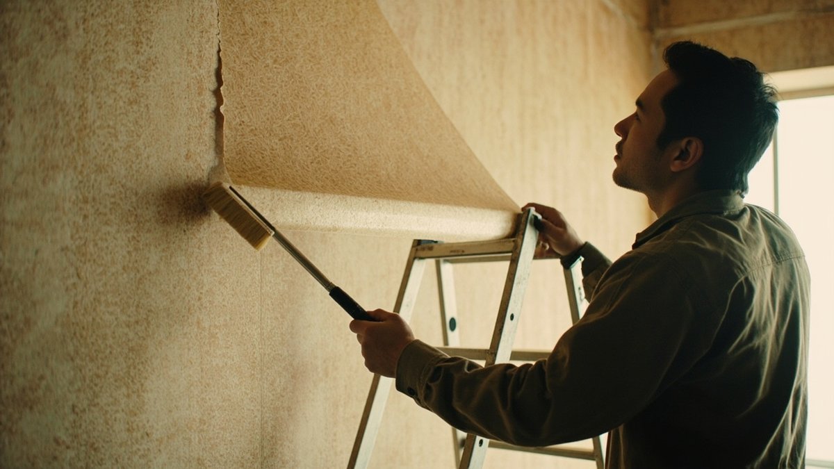 Installer hanging textured wallpaper and smoothing it with a brush