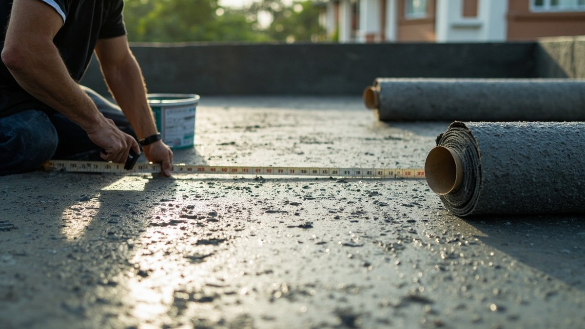 Pekerja mengukur lantai balkoni kosong sebelum kerja kalis air