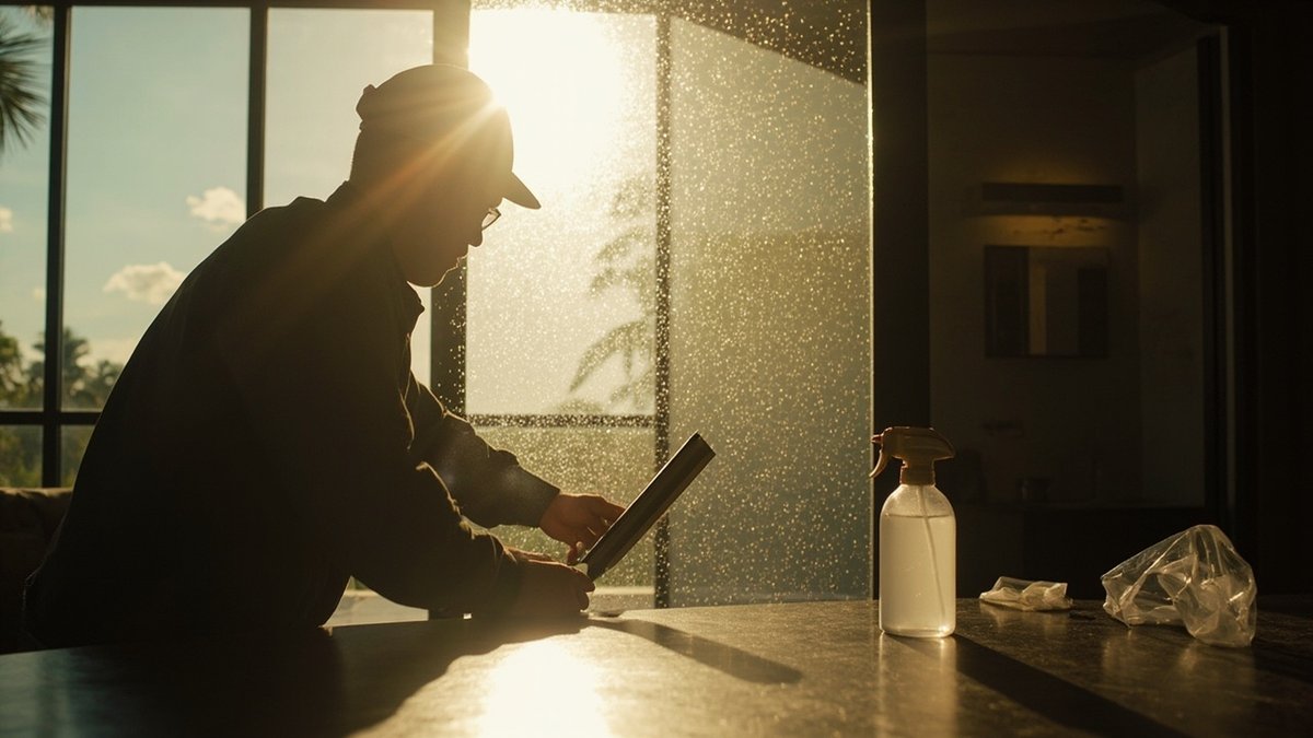 Installer applying solar tint film to a house window with a squeegee