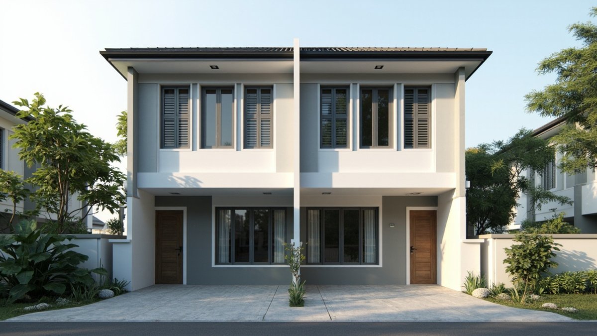 Ilustrasi konsep reka bentuk: blok townhouse dua tingkat kelabu cerah dan putih dengan bingkai tingkap gelap dan dua pintu depan