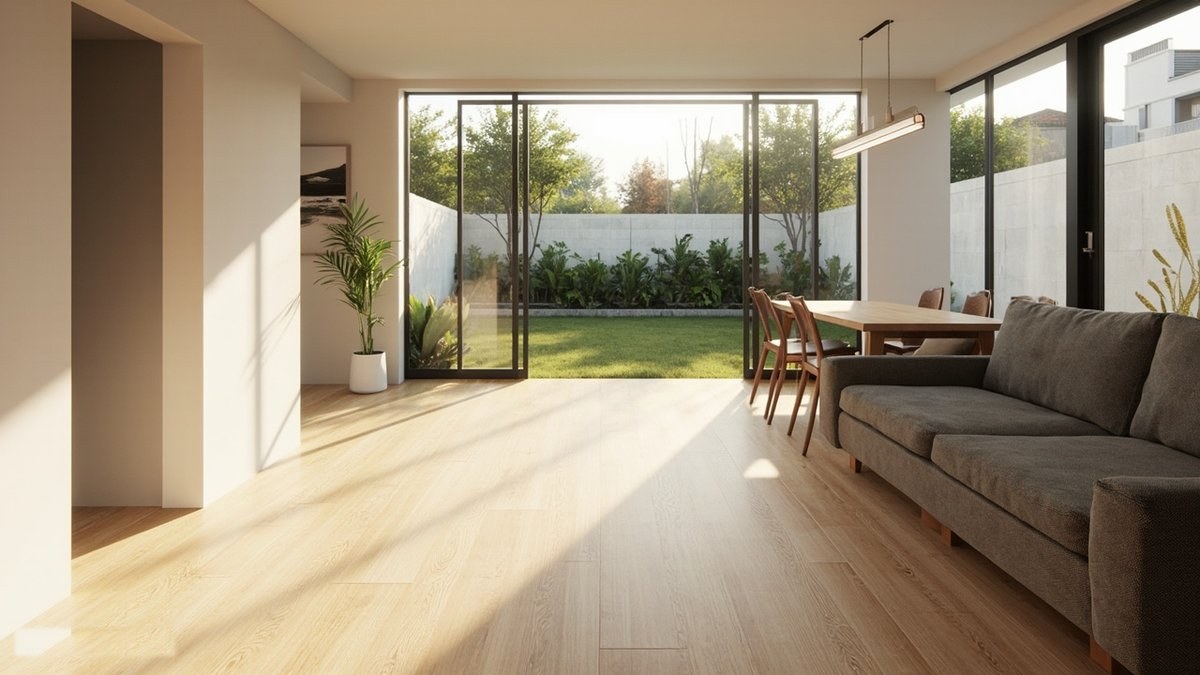 Ilustrasi konsep reka bentuk: ruang tamu dan makan unit bawah townhouse atas lantai rupa oak dengan sofa kelabu, set makan kayu dan pintu kaca ke laman berpagar