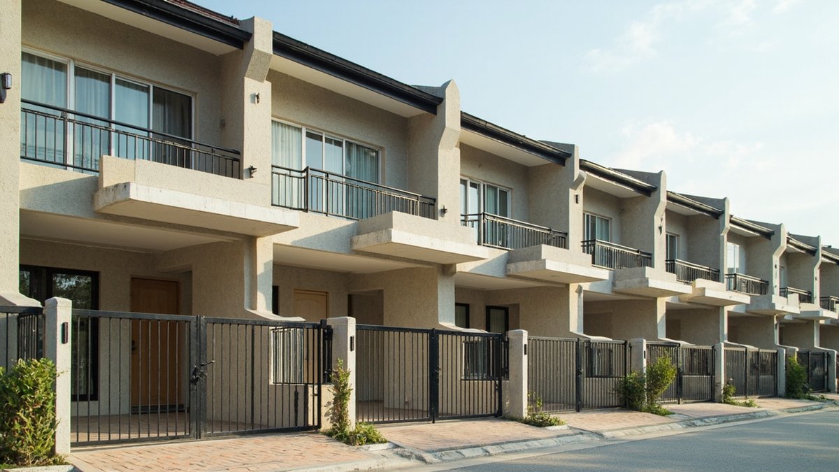 Row of stacked townhouses with separate upper and lower unit entrances and a uniform facade