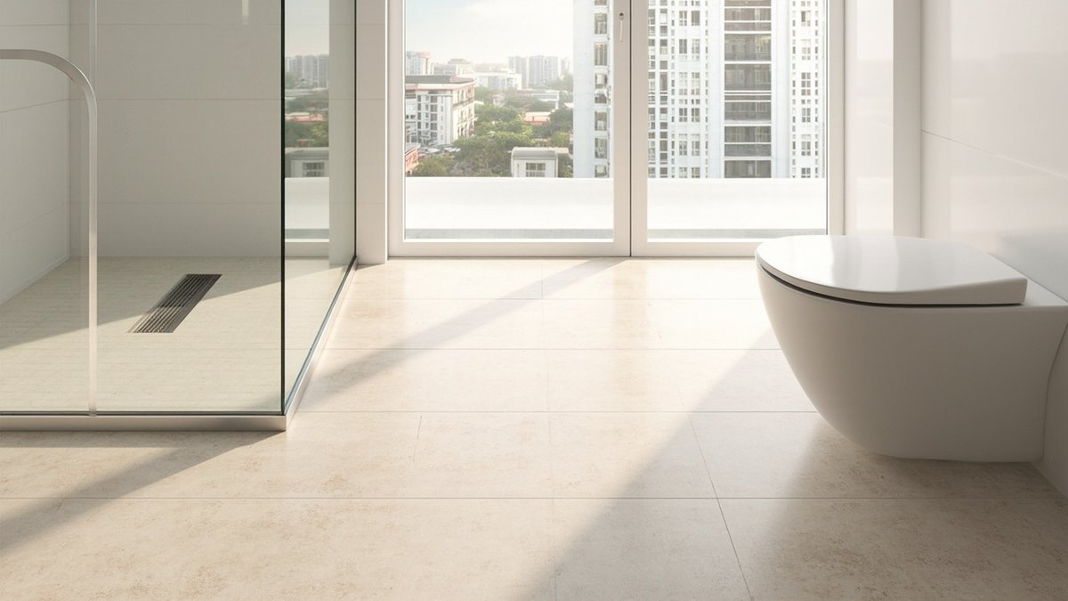 Illustrative concept design: bathroom floor of matt beige travertine-look tiles with a glass shower and linear drain