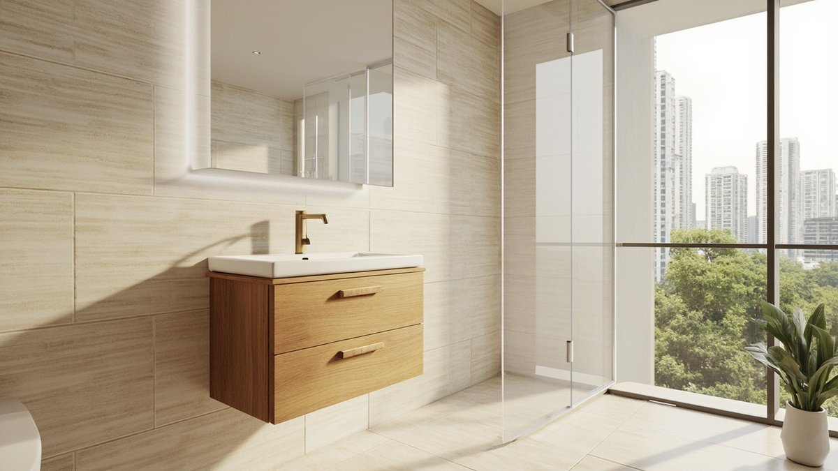 Illustrative concept design: bathroom walls of cream vein-cut travertine-look tiles behind a floating oak vanity and glass shower