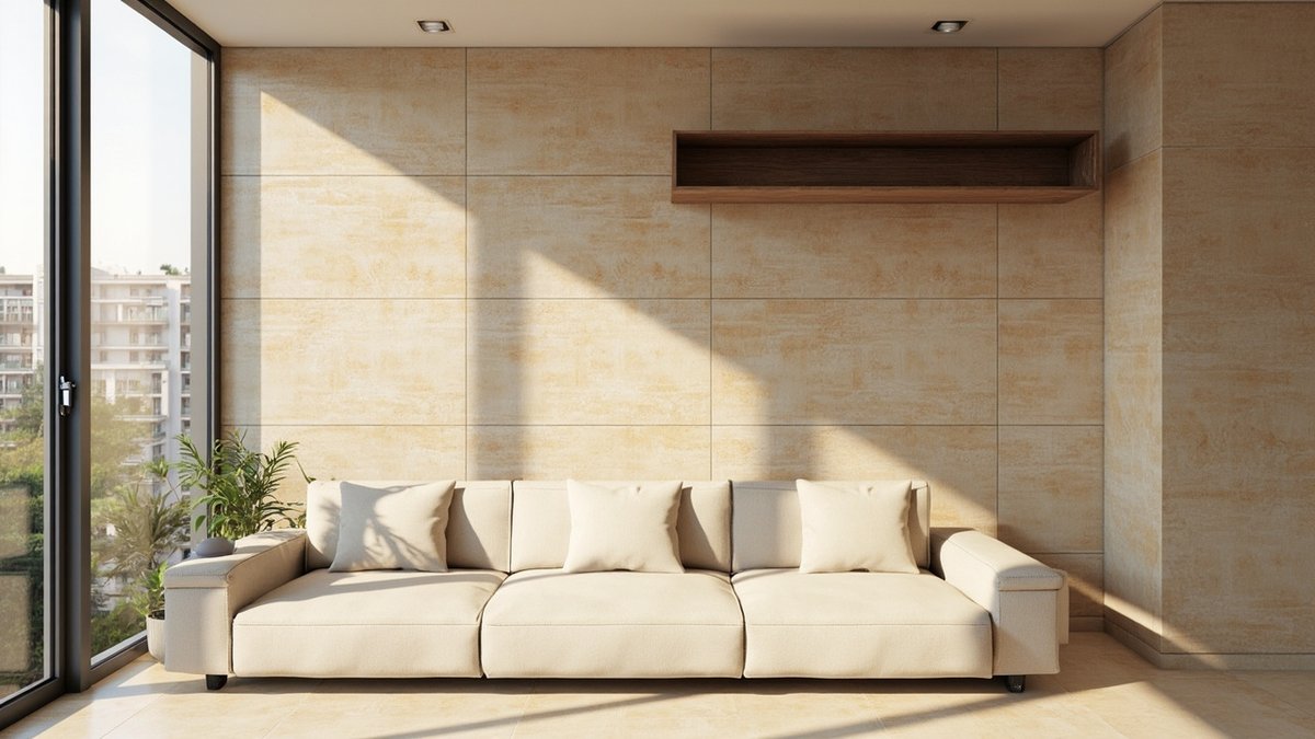 Illustrative concept design: living room wall clad in large beige travertine-look slabs with a walnut shelf above a cream sofa