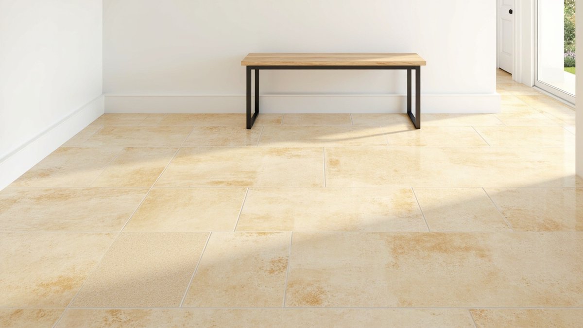 Illustrative concept design: bright foyer floor of honey-cream travertine tiles in large squares and rectangles with a timber bench