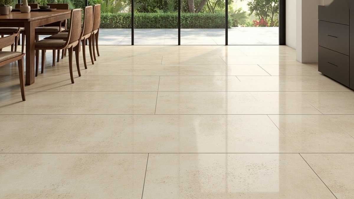 Illustrative concept design: dining area with a glossy cream travertine-look tile floor under a walnut table and chairs