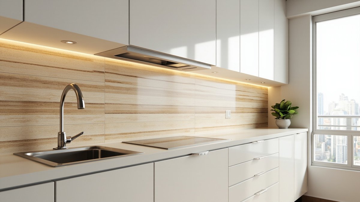 Illustrative concept design: kitchen backsplash of long beige and caramel travertine-look tiles between white cabinets