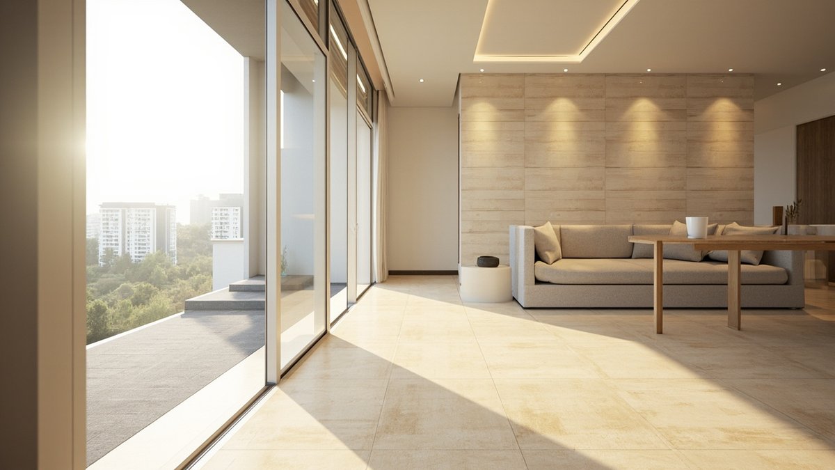 Illustrative concept design: open-plan condo with cream travertine-look floor tiles and a living wall clad in travertine-look slabs behind a sofa