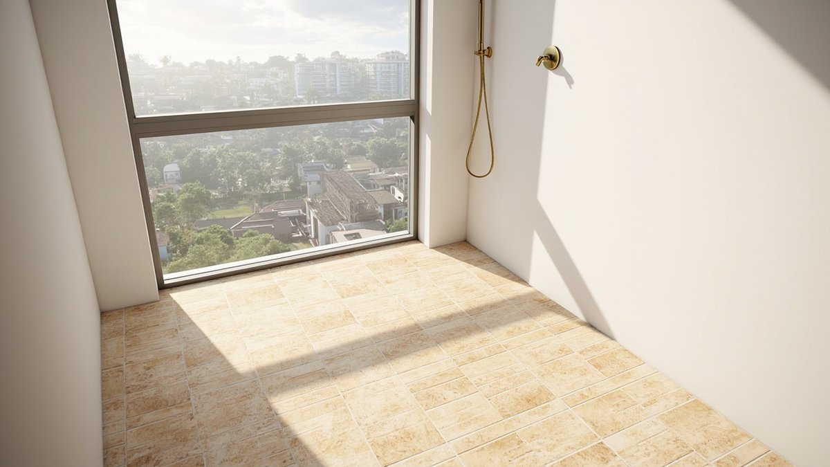 Illustrative concept design: walk-in shower floor of small brick-shaped honey travertine tiles with brass shower fittings