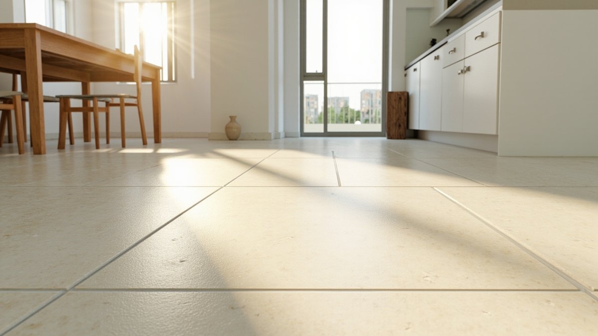 Illustrative concept design: low view across large pale ivory travertine-look floor tiles from a dining table to white kitchen cabinets
