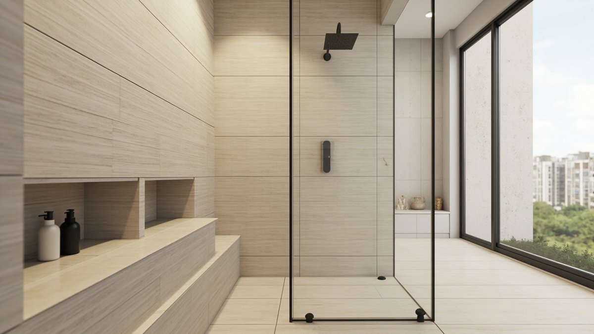 Illustrative concept design: walk-in shower clad in pale beige travertine-look tiles with a long recessed ledge niche