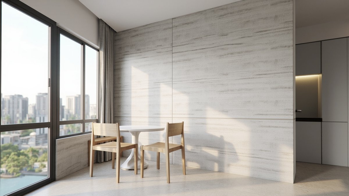 Illustrative concept design: condo dining corner with a wall of large silver-grey vein-cut travertine-look panels