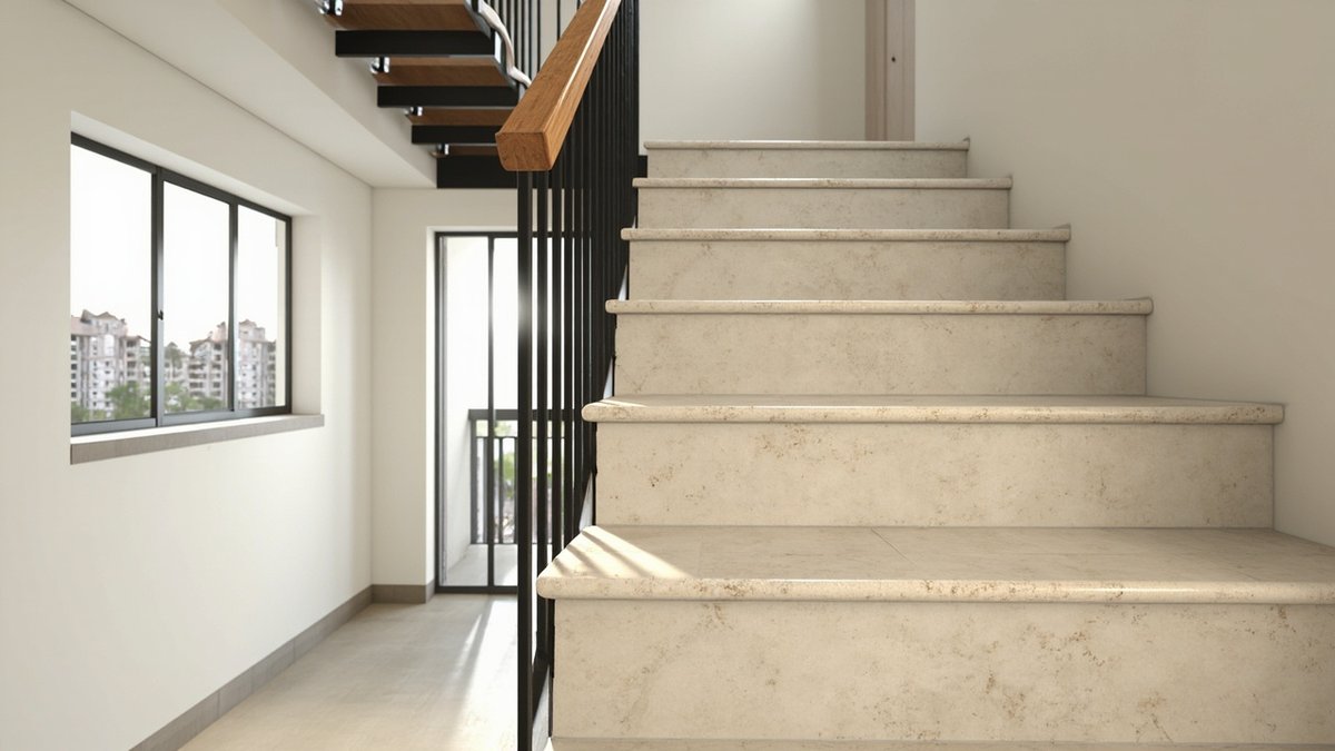 Illustrative concept design: straight staircase with cream travertine-look treads, black balusters and a timber handrail