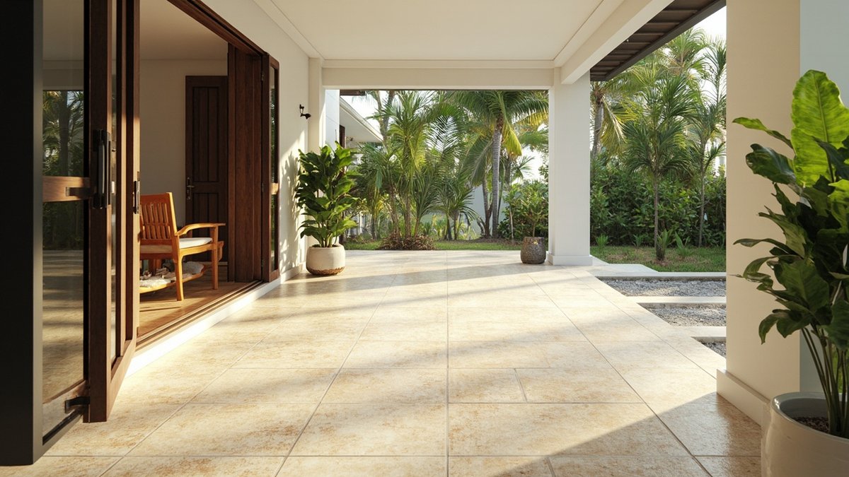 Illustrative concept design: covered back patio paved with sandy beige tumbled travertine-look tiles and potted plants