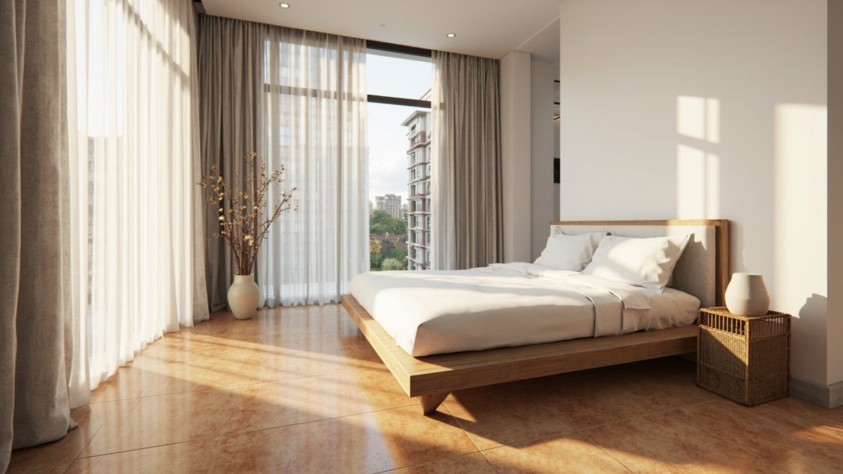 Illustrative concept design: bedroom with glossy caramel-brown travertine-look floor tiles under a low timber bed