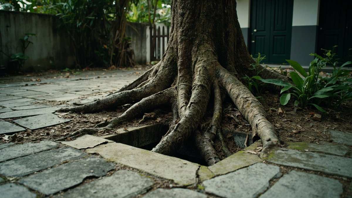 Thick tree roots lifting a paver path beside an open drain inspection chamber in a house garden