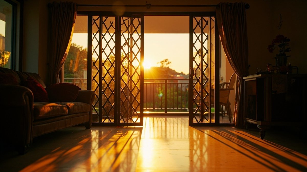Black folding trellis grille half drawn across a wide glass sliding door