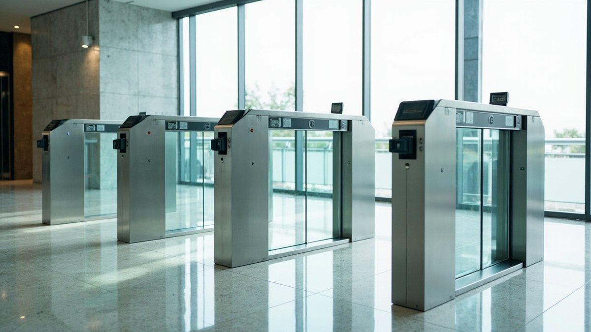 Row of stainless steel speed gates with glass flaps and card readers in an office lobby