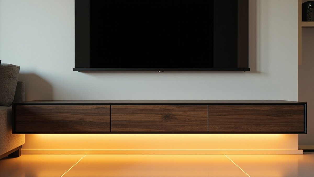 Ilustrasi konsep reka bentuk: konsol TV walnut tergantung di dinding dengan tiga laci dan lampu LED hangat di bawah