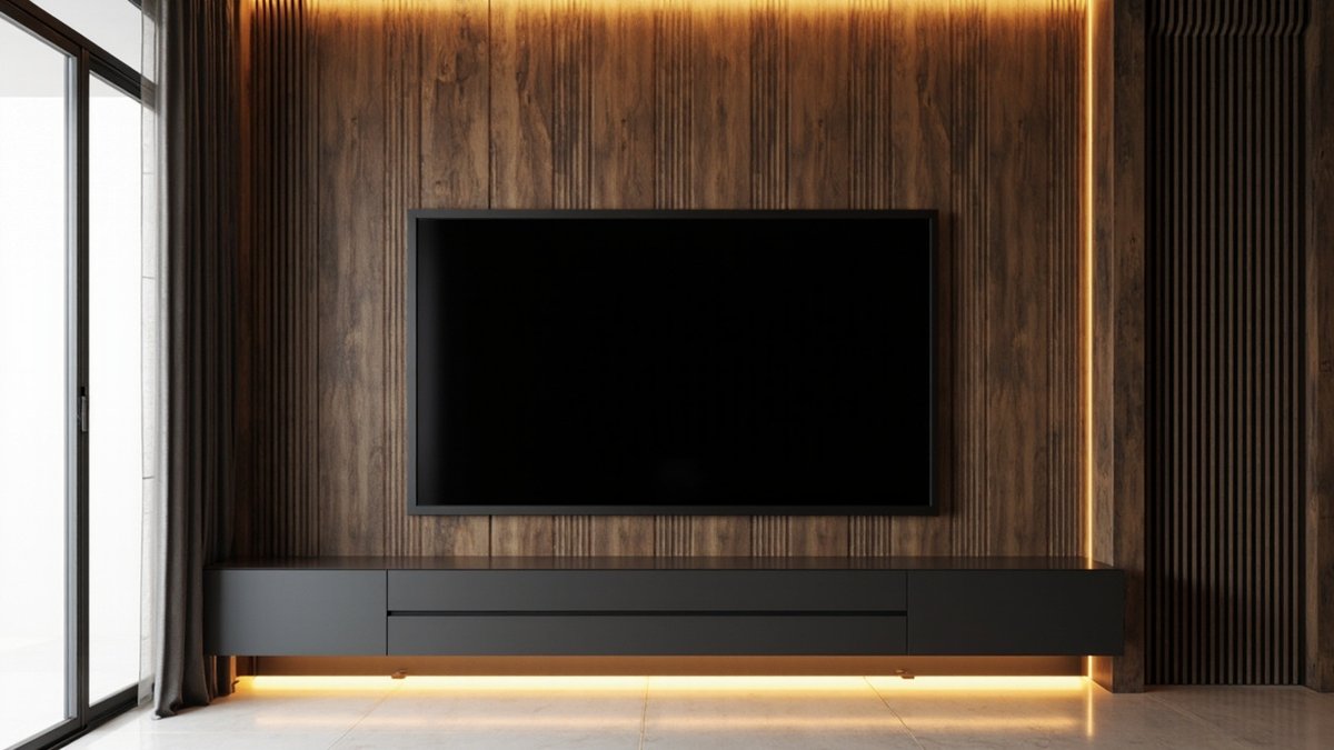 Ilustrasi konsep reka bentuk: feature wall TV beralur rupa kayu gelap dengan jalur LED dan konsol gantung hitam