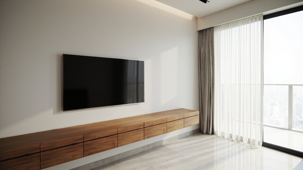 Illustrative concept design: long walnut floating TV console under a wall-mounted TV in a Malaysian condo living room