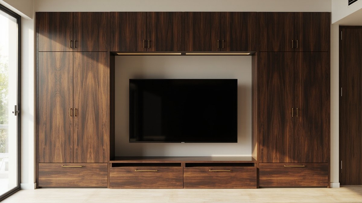 Ilustrasi konsep reka bentuk: kabinet walnut dari lantai ke siling dengan kabinet jambatan yang membingkai TV