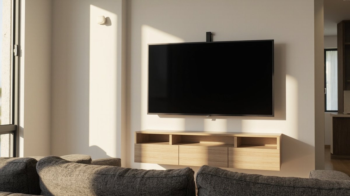 TV skrin rata dipasang di dinding ruang tamu di atas konsol gantung tanpa kabel kelihatan