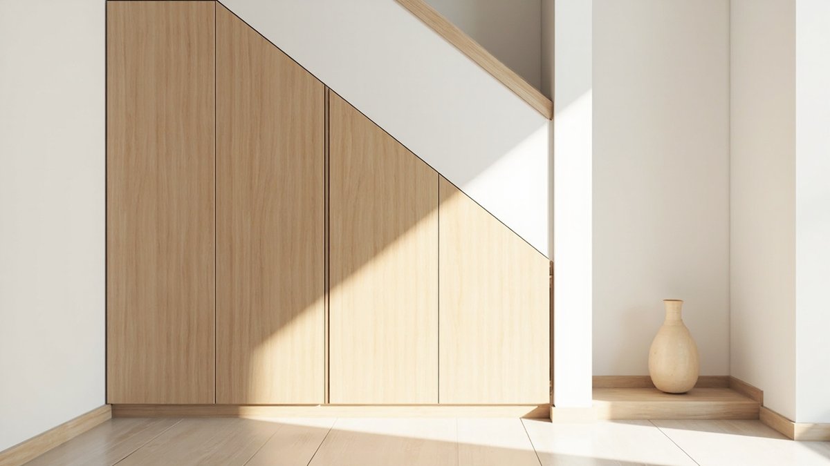 Ilustrasi konsep reka bentuk: empat pintu oak cerah tanpa pemegang dipotong ikut cerun di bawah tangga lurus