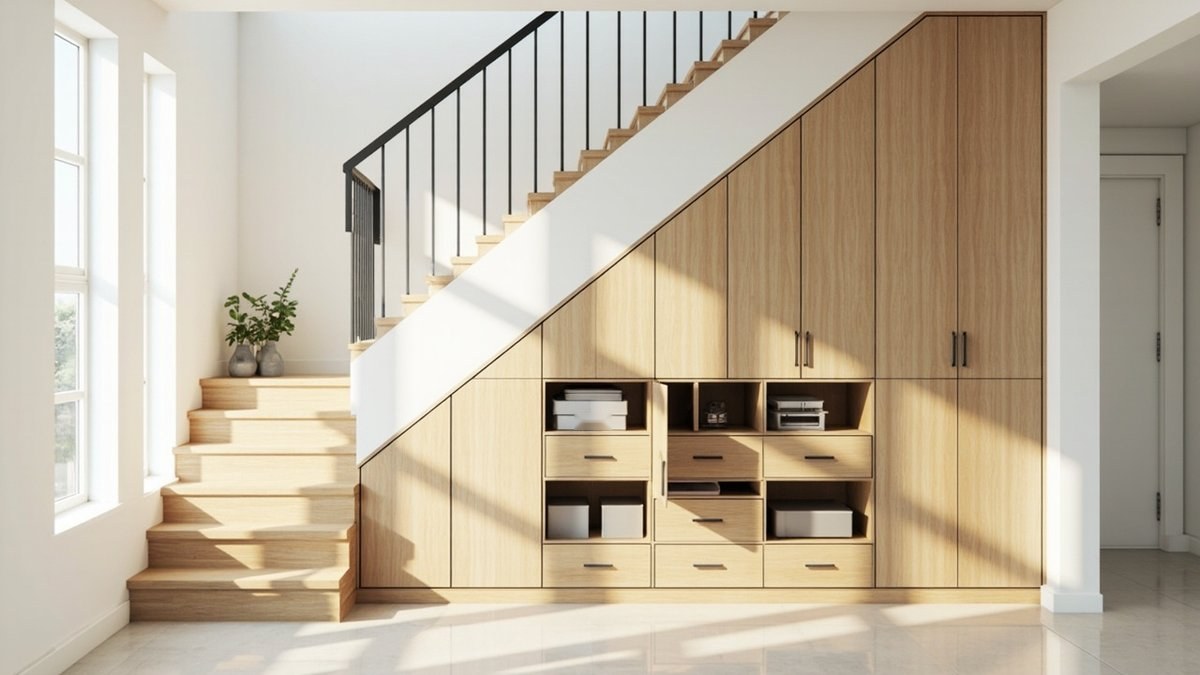 Illustrative concept design: light oak built-in cupboards, drawers and open cubbies filling the space under a straight stair