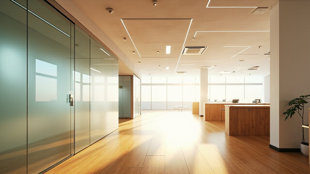 Renovated first-floor shophouse office with desks by the windows and a glass meeting room