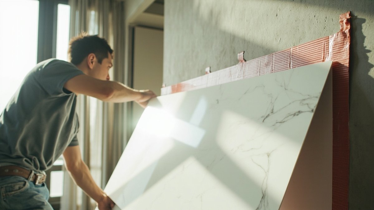 Pemasang melekatkan UV marble sheet bercorak marmar pada dinding TV yang rata
