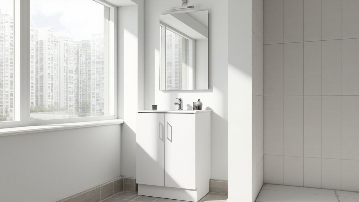 Ilustrasi konsep reka bentuk: vanity putih dua pintu yang padat dengan top basin nipis dan pili krom di sudut bilik air putih yang kecil