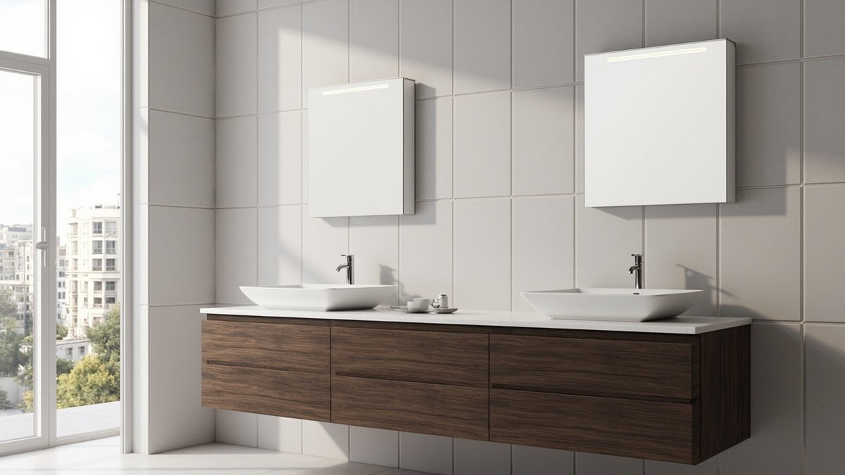 Ilustrasi konsep reka bentuk: vanity terapung panjang rupa walnut dengan enam laci, dua basin segi empat dan dua kabinet dinding berlampu di atas