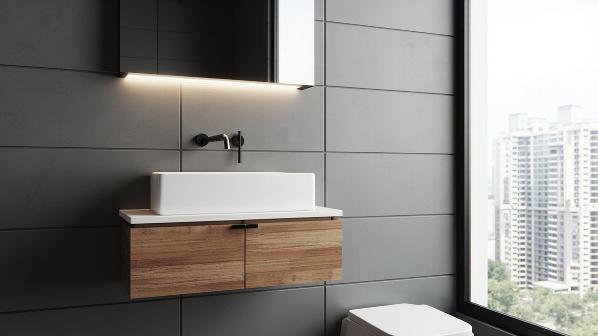 Ilustrasi konsep reka bentuk: vanity gantung ira kayu dengan dua pintu, basin segi empat dan pili dinding hitam pada jubin kelabu gelap