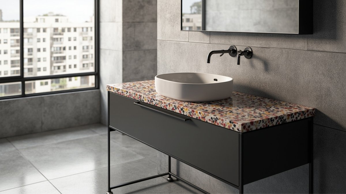 Ilustrasi konsep reka bentuk: top vanity terrazzo berwarna-warni atas rangka logam hitam nipis dengan satu laci lebar dan basin vessel bujur