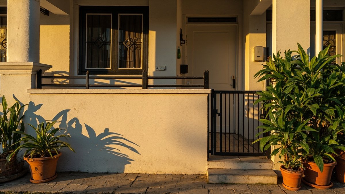 Tembok bata putih rendah dengan railing besi hitam dan pintu pagar kecil di beranda rumah teres