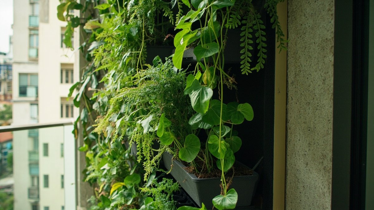 Modular vertical garden of ferns and pothos on a condo balcony wall with a drip line and drain tray