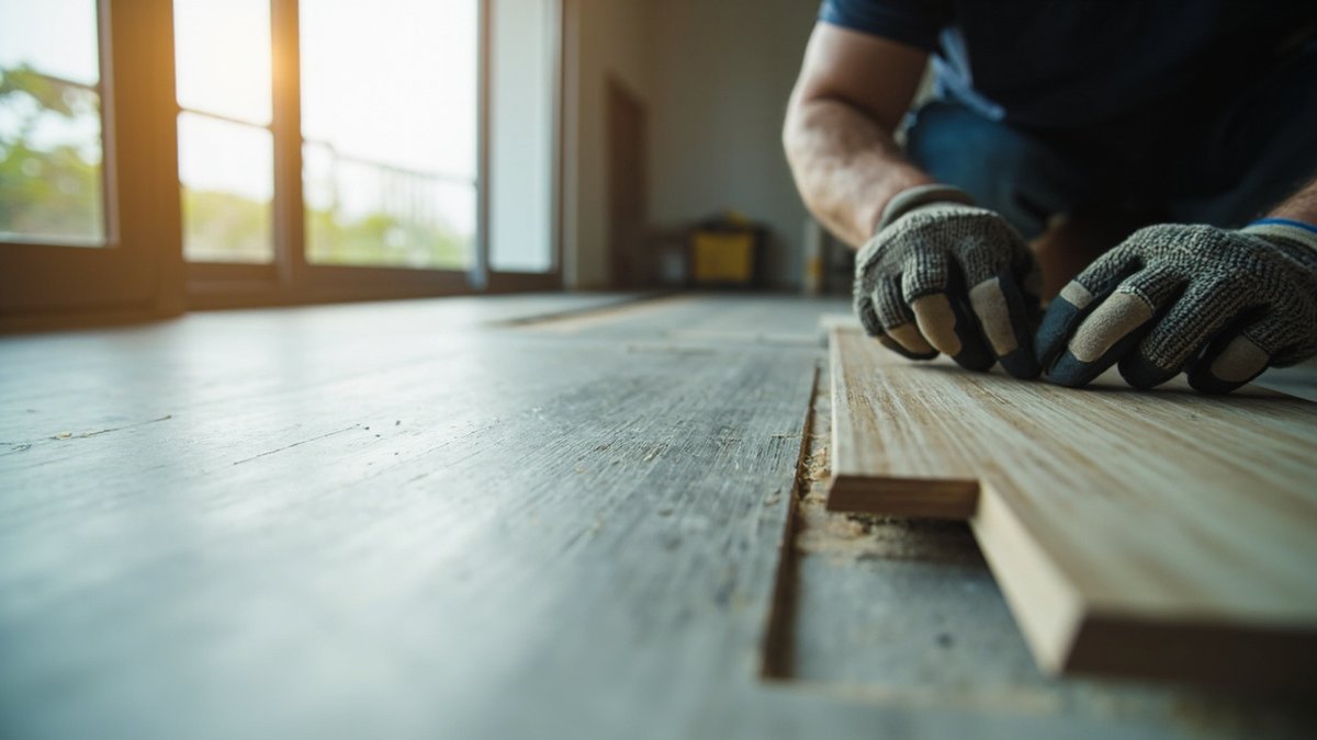 Installer clicking an SPC vinyl plank into place on a floor