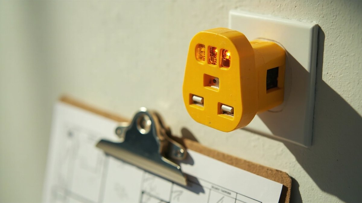 Plug-in socket tester in a wall socket during a new home VP electrical check