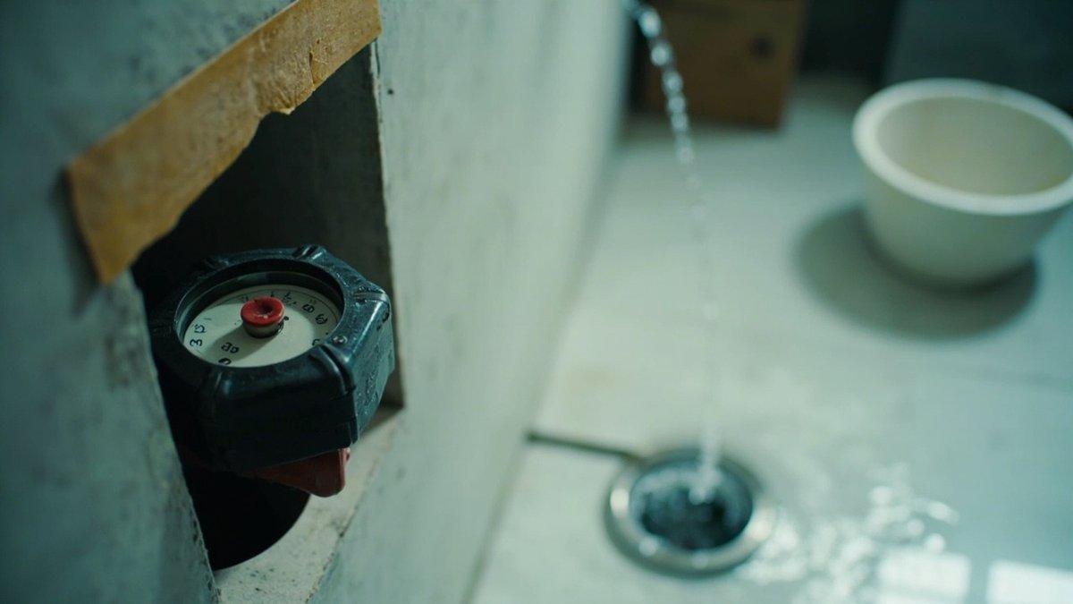 Water meter dial in a new home with a floor trap draining water in the background