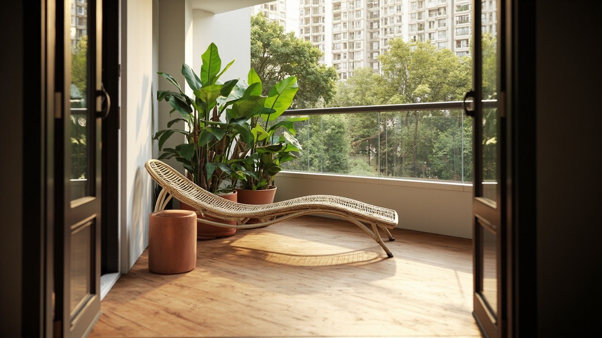 Illustrative concept design: condo balcony with a woven rattan lounger, a terracotta stool and large potted plants behind glass