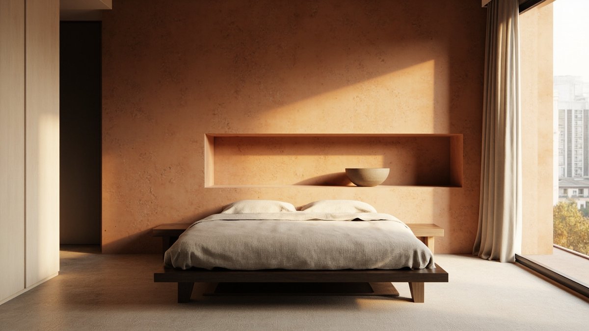 Illustrative concept design: bedroom with a terracotta clay plaster wall and a long niche holding one bowl above a low timber bed