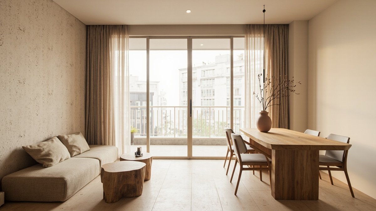 Illustrative concept design: condo living and dining area with a rough lime plaster wall, low linen sofa, tree-stump side tables and a slab dining table